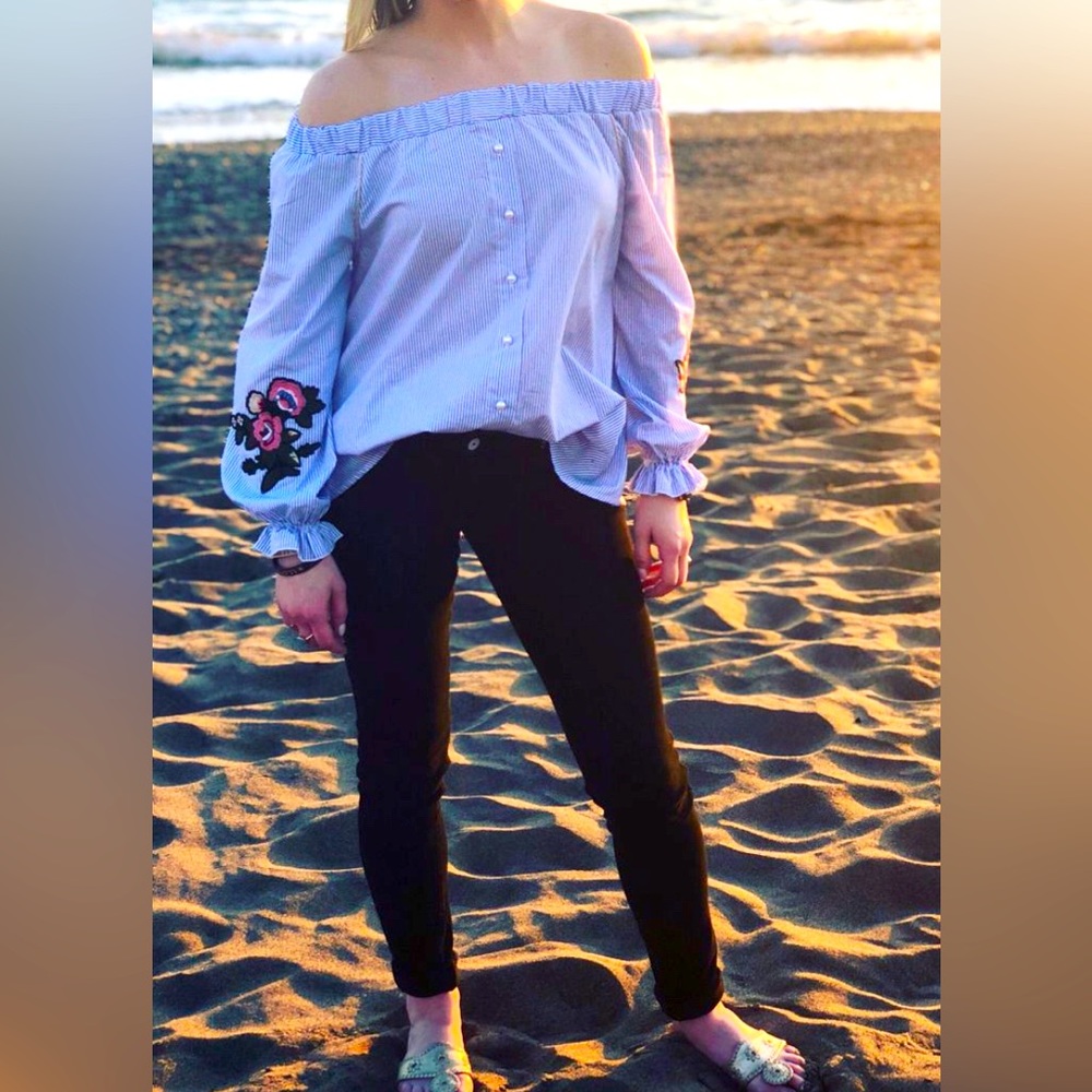 RARE! Off Shoulder, Pearl, Pinstripe Top from Italy